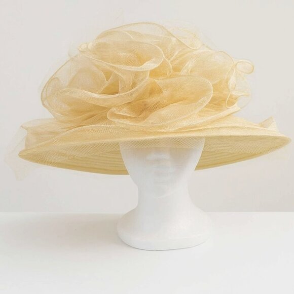 Bellady Wide Brim Church Hat VTG Champagne Wedding Sinamay Formal Church Derby - Picture 2 of 11